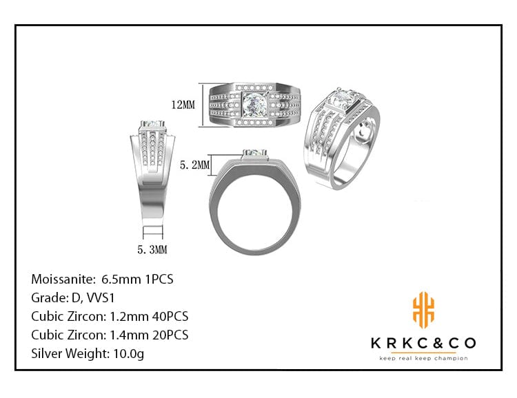 Wholesale Moissanite Ring Custom Engagement 1 carat D Color Round Cut Solitaire Ring 925 Sterling Silver GRA Certificated Pave Rhodium Plated for Men