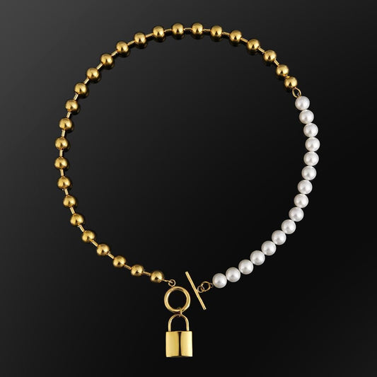 Wholesale Pearl Necklace Women Pearl Necklace +Bead Chain with Lock Pendant White Gold/Yellow Gold