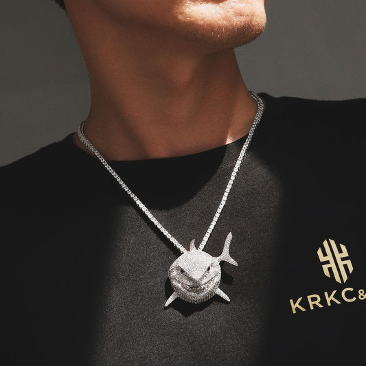 Iced Out Baby Shark Mens Pendant Necklace KRKC