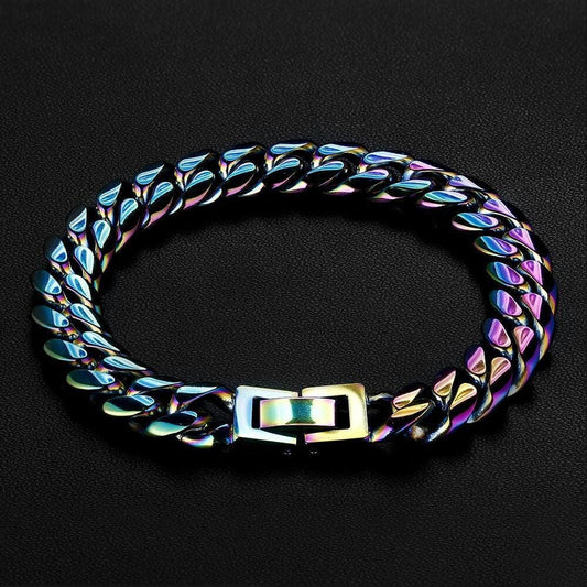 Wholesale Men Cuban Link Bracelet  Miami Stainless Steel 10mm Rainbow PVD Plated