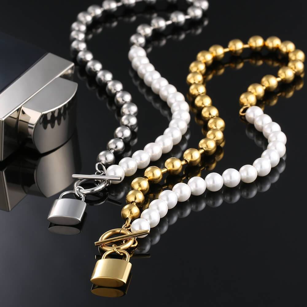 Wholesale Pearl Necklace Women Pearl Necklace +Bead Chain with Lock Pendant White Gold/Yellow Gold