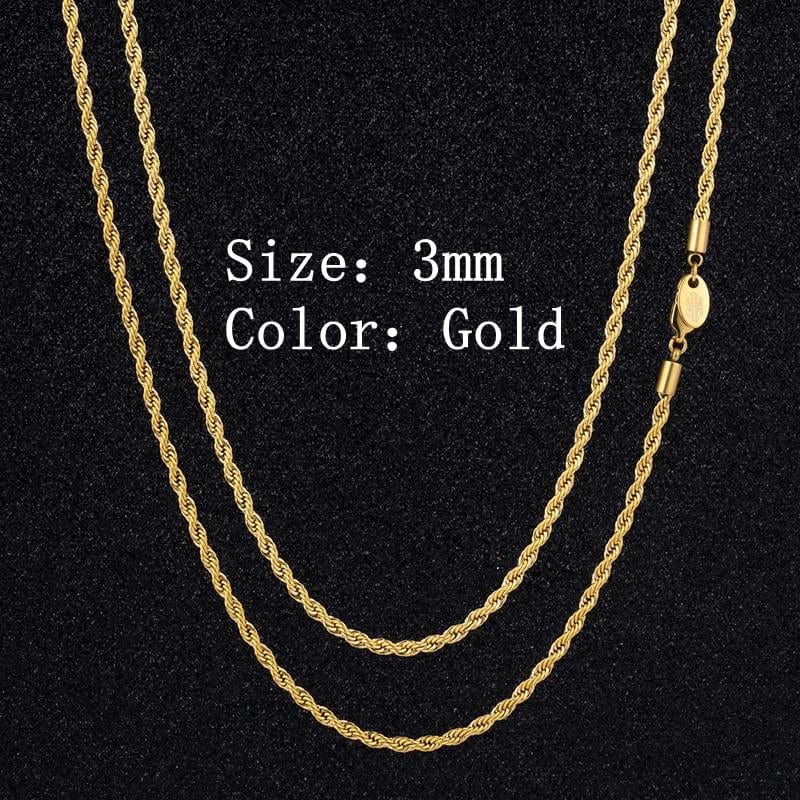 Wholesale Rope Chain 3mm Stainless steel with 18k gold plating