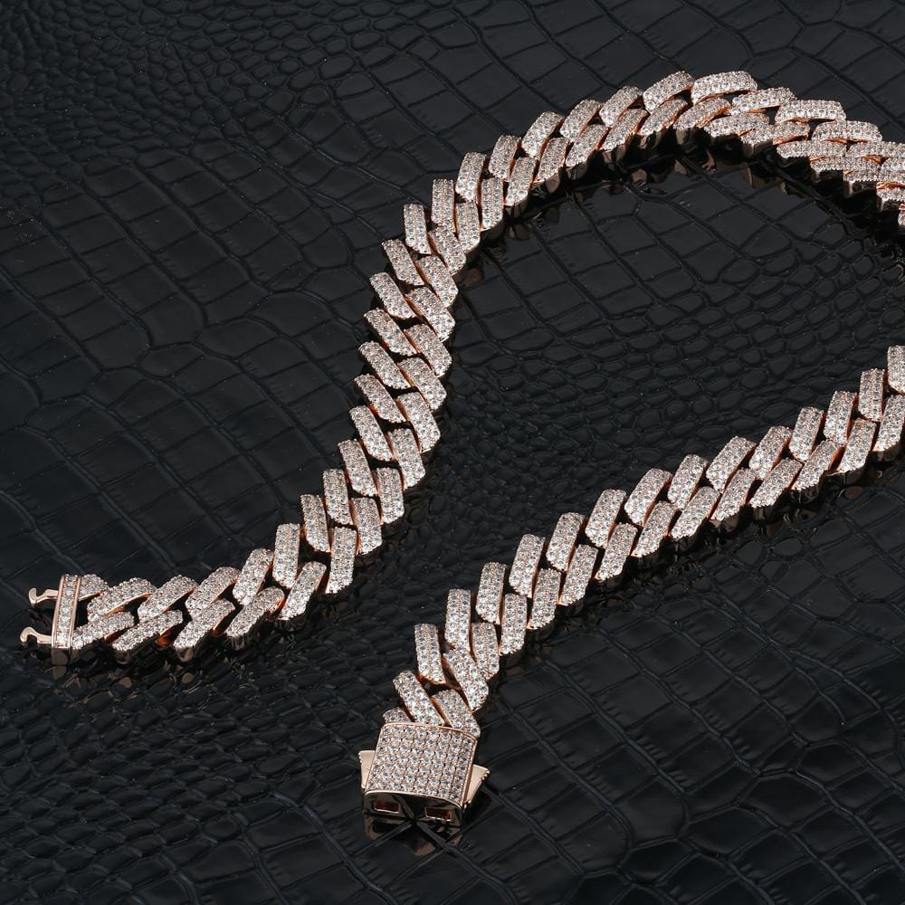 Wholesale Hip Hop Necklaces 15mm Iced Out Prong Link Cuban Link Choker in Rose Gold For Women