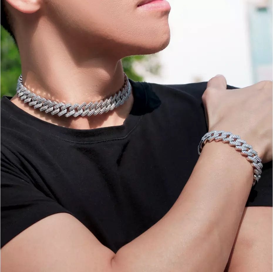 Wholesale Hip Hop Necklaces 15mm Iced Out Prong Link Cuban Link Choker in Rose Gold For Women